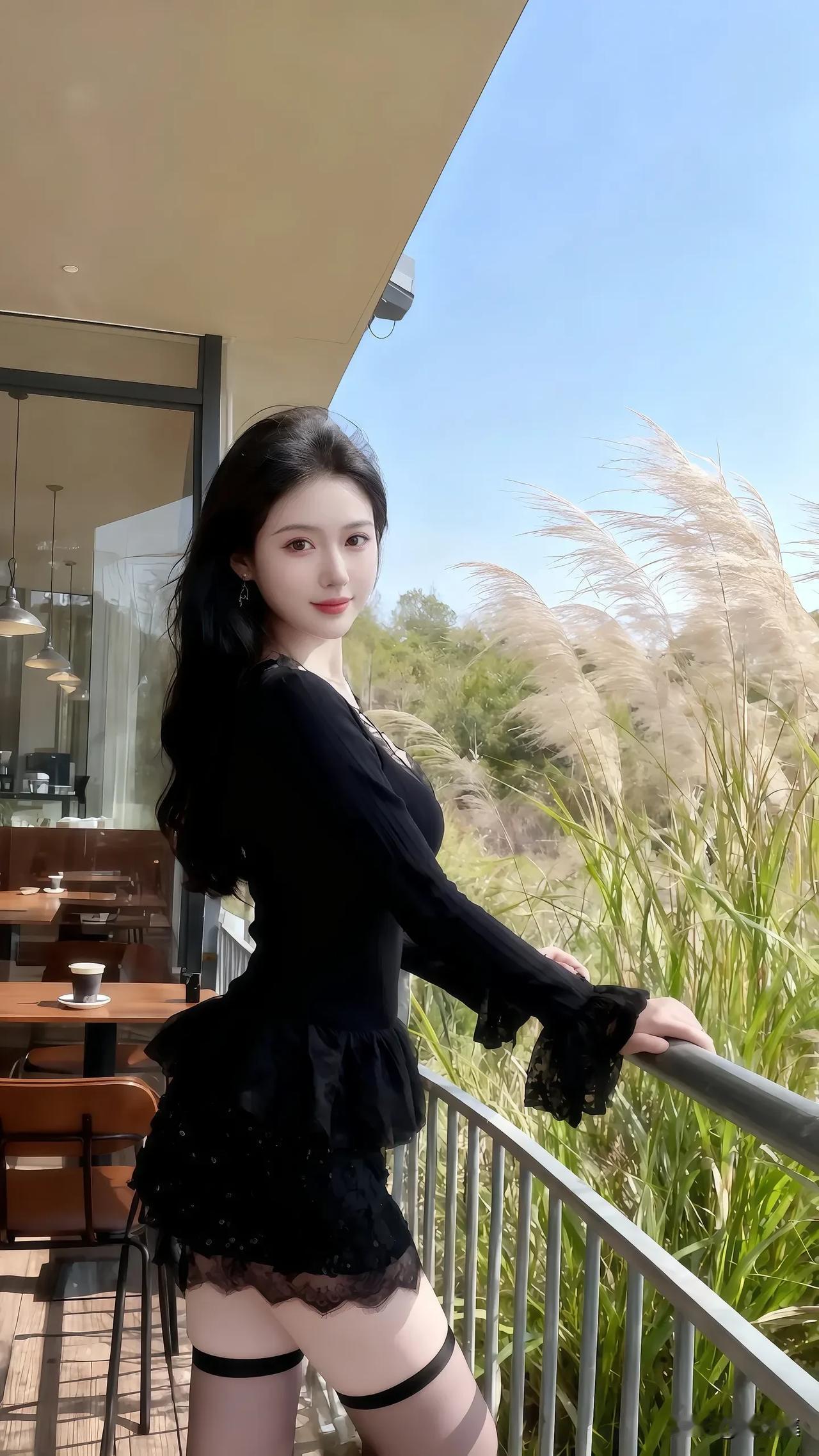 优雅黑裙，阳光下的美丽瞬间
