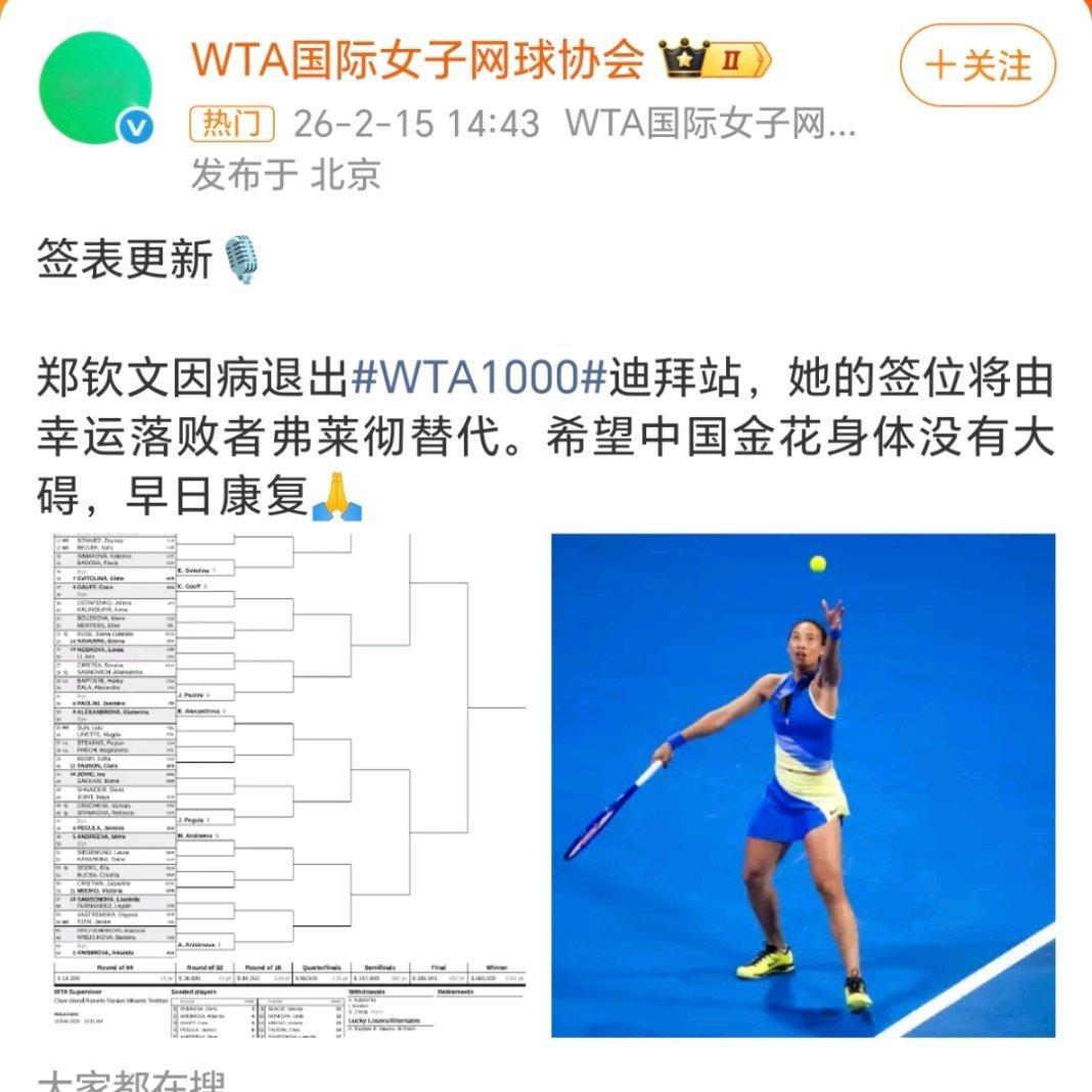 郑钦文迪拜站赛前退赛，官方确认是疲劳应激、突发身体不适，和右肘旧伤没关系。多哈刚