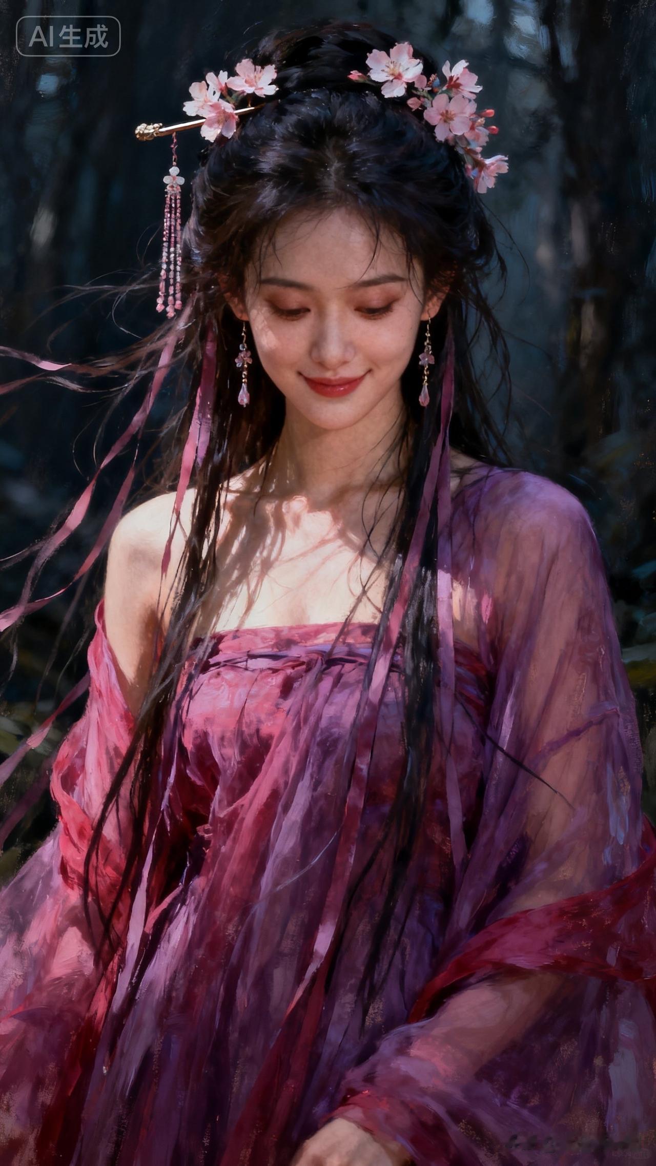 梦幻森林中的仙子，粉色的花朵与飘逸的裙摆，宛如童话里的公主。