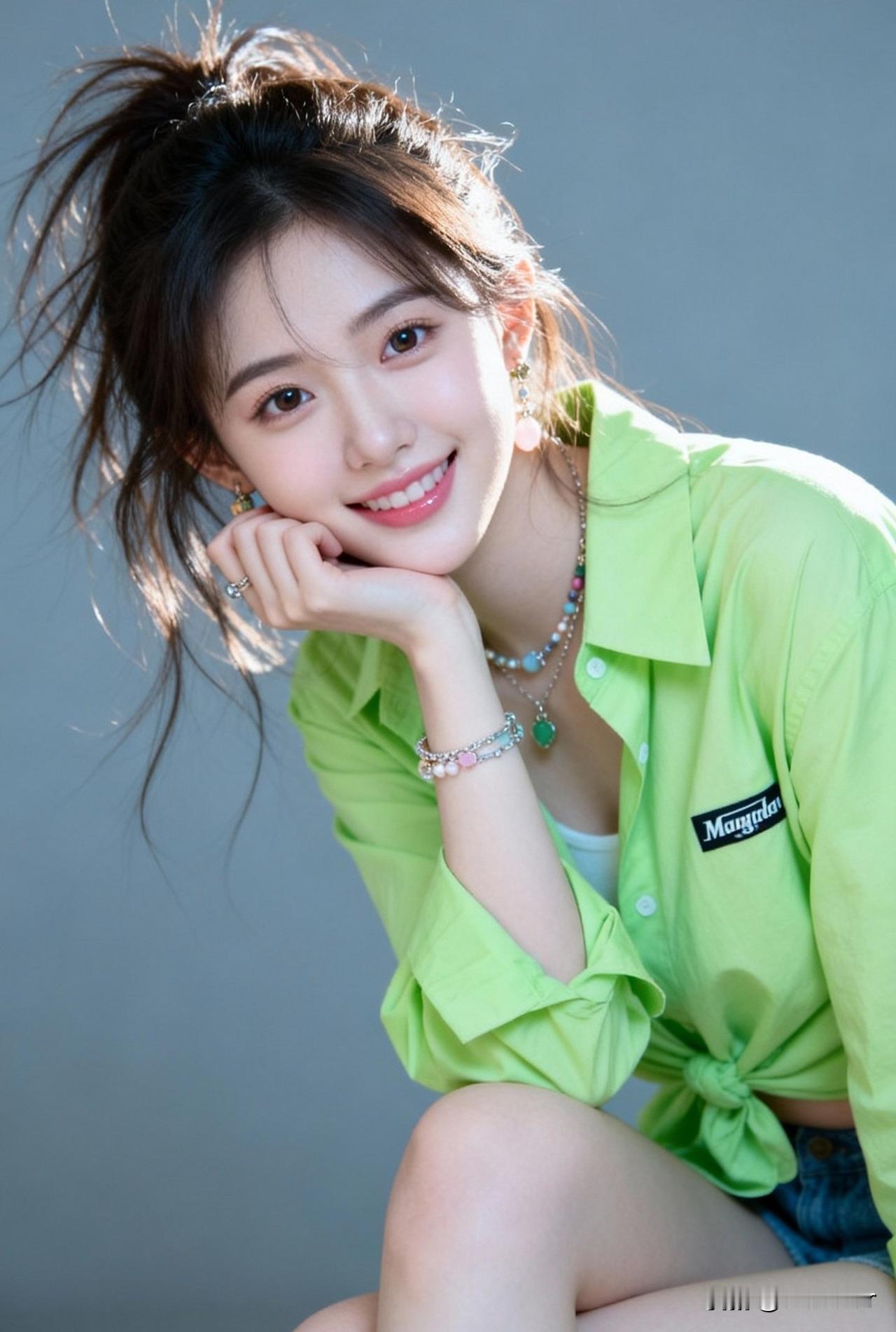 绿衫美人倚，笑靥如春花。