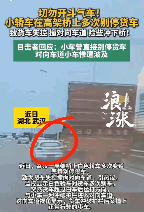 这种人必须严惩！湖北武汉一高架桥，一辆白色轿车疯狂对大货车反复围堵，然而，当忍耐