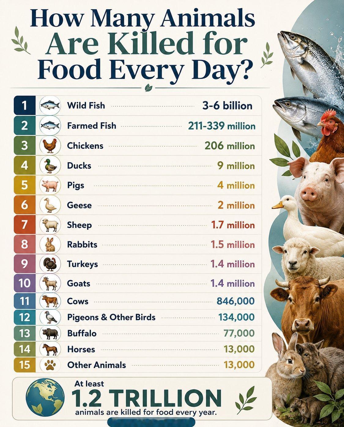 每日有多少动物被屠宰用作食物？1. 🐟 野生鱼类：30亿至60亿头2. 🐟 