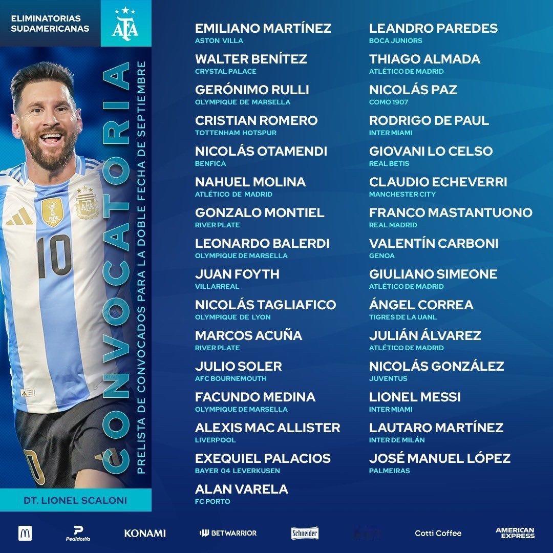 🇦🇷⭐️⭐️⭐️阿根廷队九月对阵委内瑞拉和厄瓜多尔的南美世预赛 初选名单公布