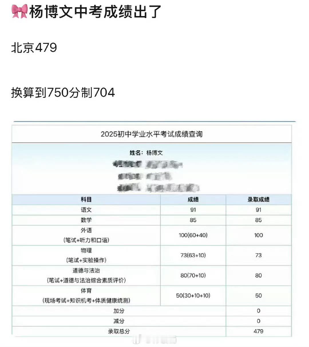 杨博文中考479满分510，真的好争气，半工半读，中途还去参加了一个比赛，还拍了