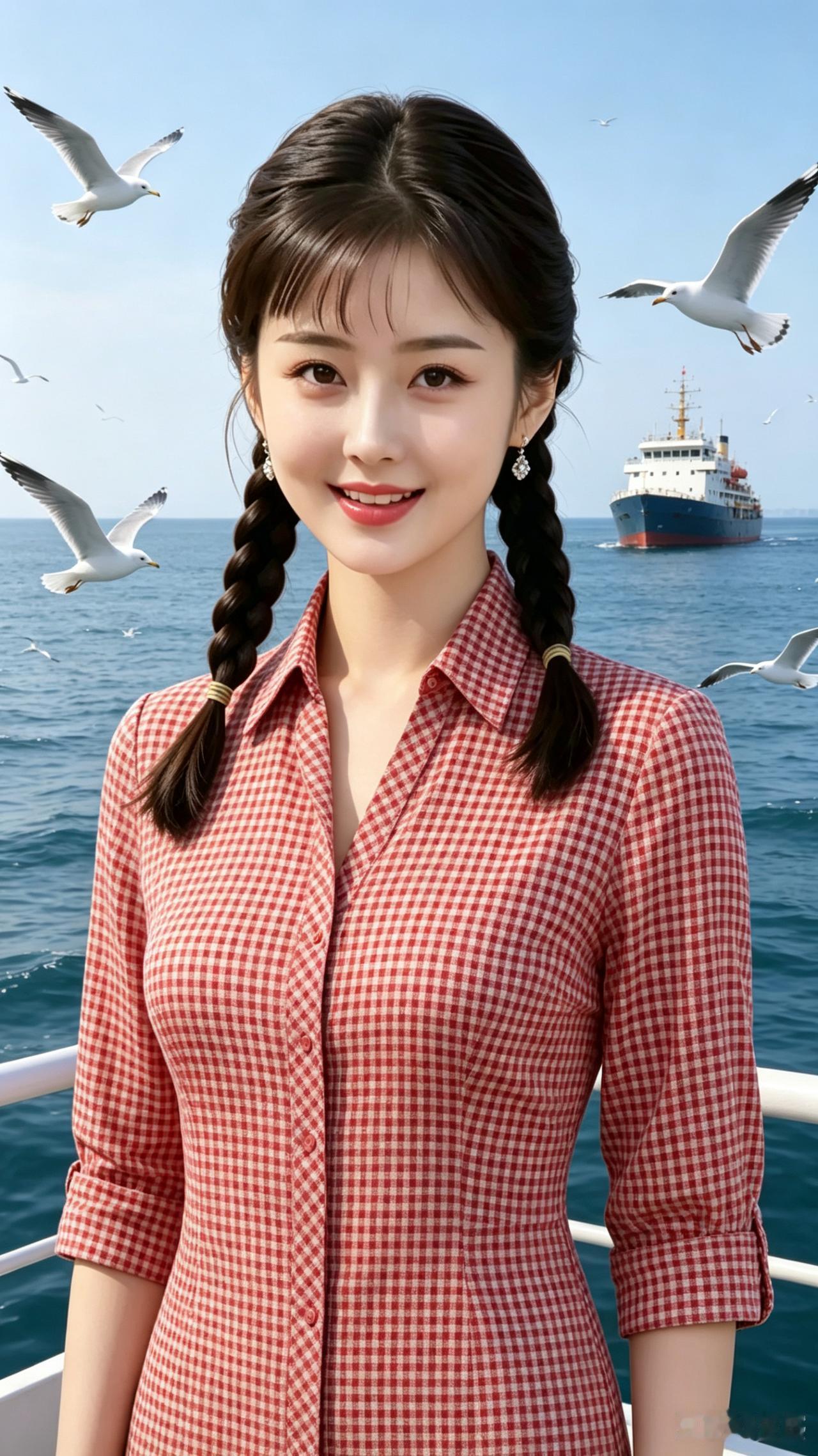 七言绝句·海边佳人
 
双辫垂肩笑靥柔，
粉花旗袍映潮头。
海鸥逐浪船帆远，
一