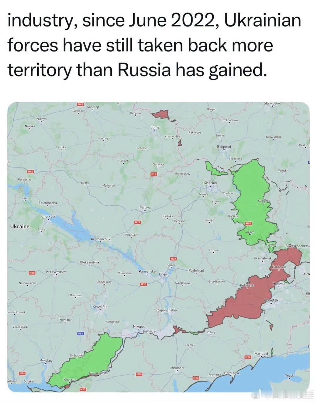 2022年6月，俄占乌领土到顶后，乌迄今已夺回的面积（绿色），大于俄又多占的面积