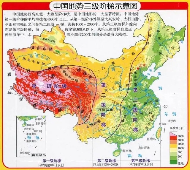 记录者[超话] 我国地势西高东低，呈三级阶梯状分布：第一级阶梯位于昆仑山、祁连山