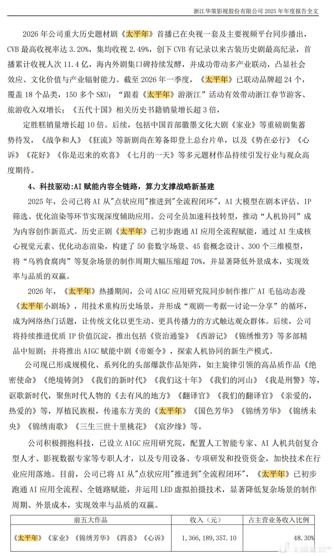 太平年华策财报收入第一全文狂提太平年高达10次 