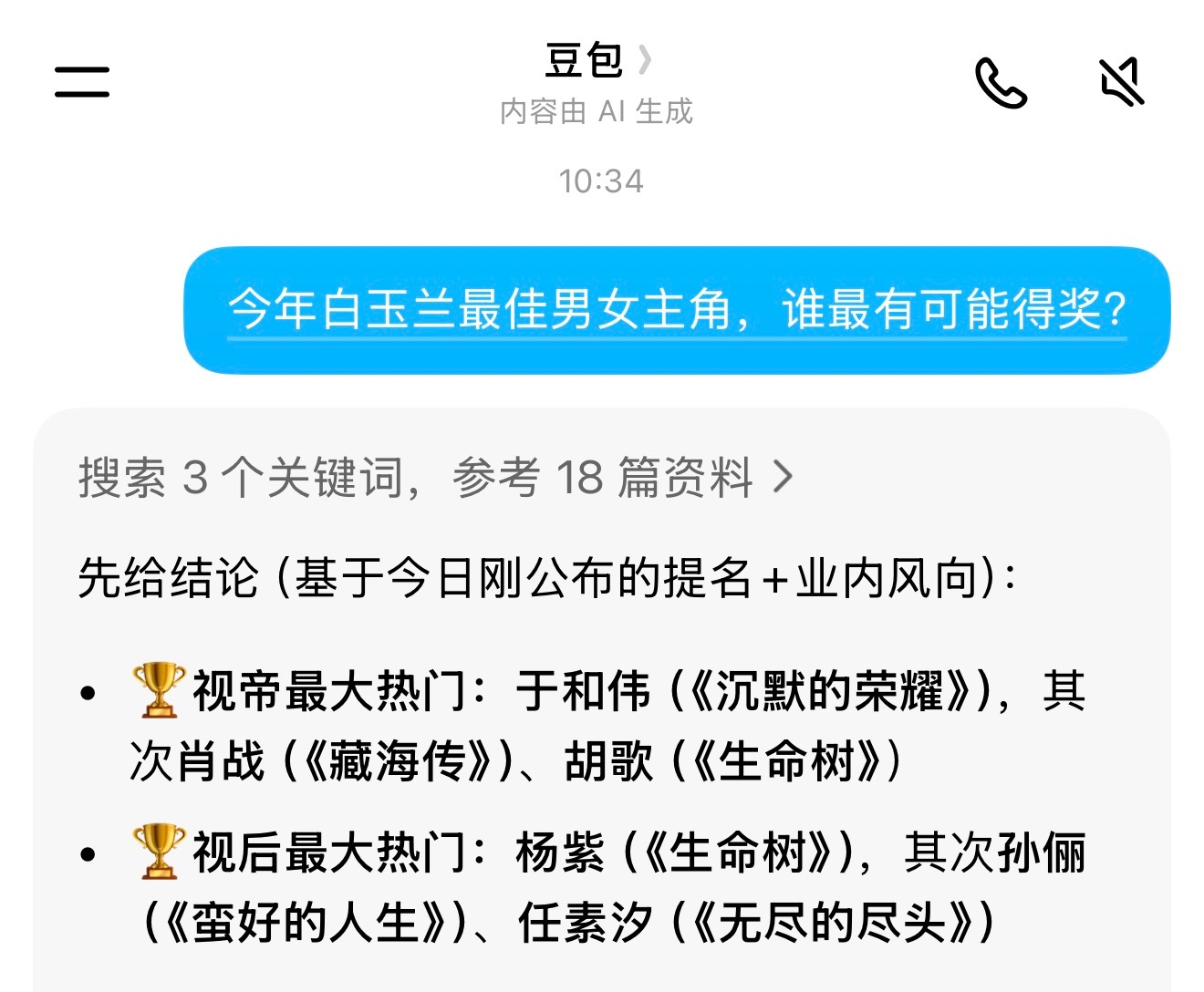 豆包预测今年白玉兰得奖情况：🏆视帝最大热门：于和伟（《沉默的荣耀》），其次肖战