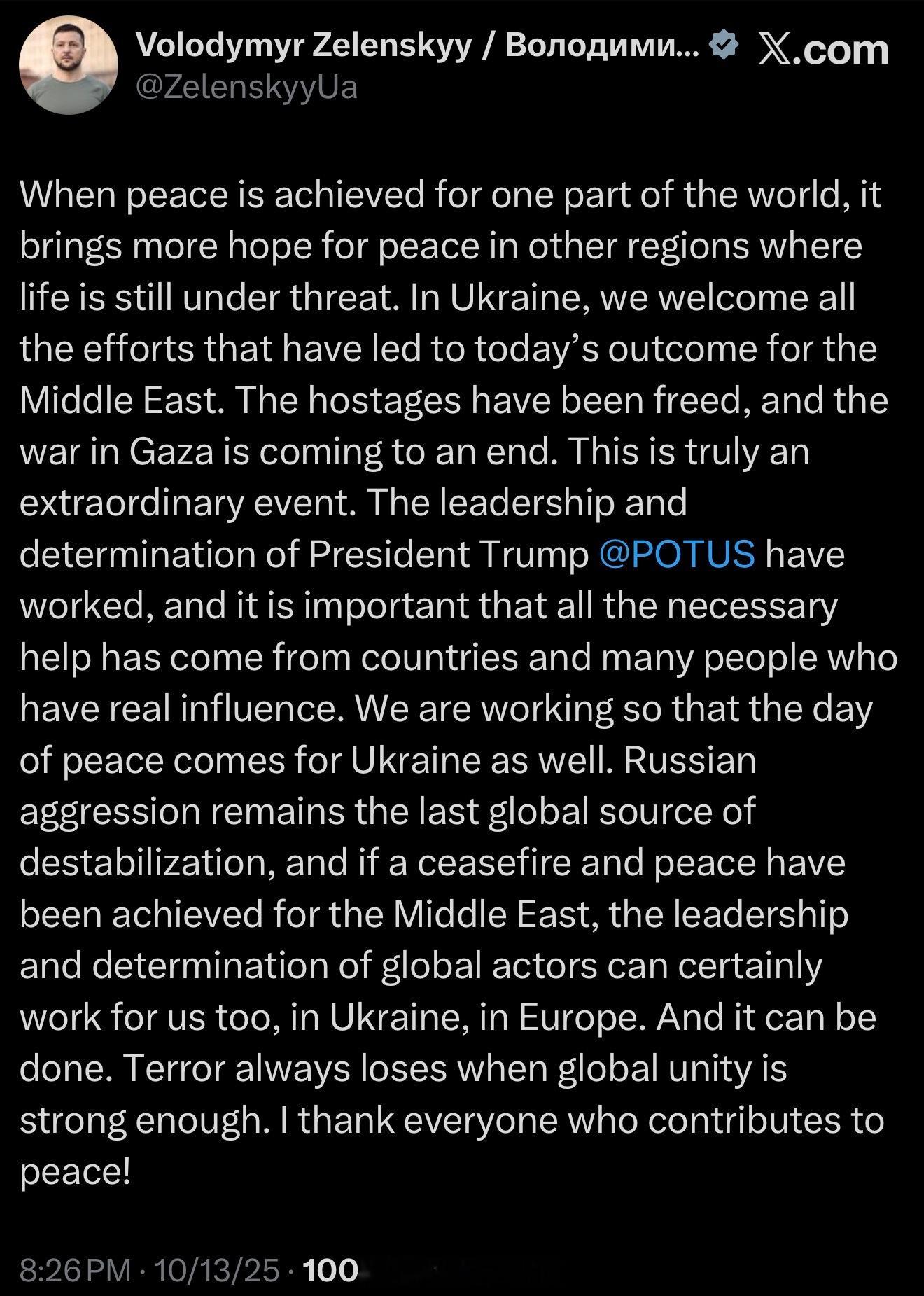 泽连斯基：“当世界上某个地方实现了和平，也会为那些仍然生活在威胁中的地区带来更多