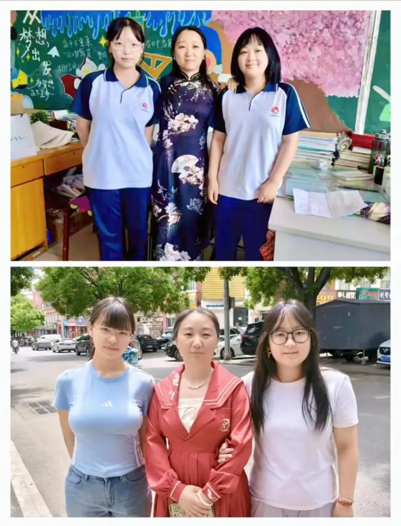 上下两张照片复刻了一模一样的站位，藏着一段温柔绵长的师生故事，上方是读书时在教室