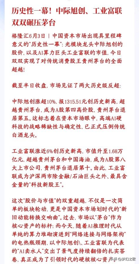 茅台彻底的不行了，预示着A股从白酒转变成了科技股
中际旭创大涨破新高，单股价格超