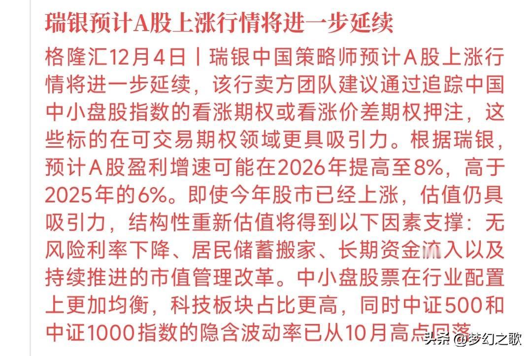 大机构看好A股接下来的行情，认为2026年会有8%的涨幅
瑞银预测2026年中国