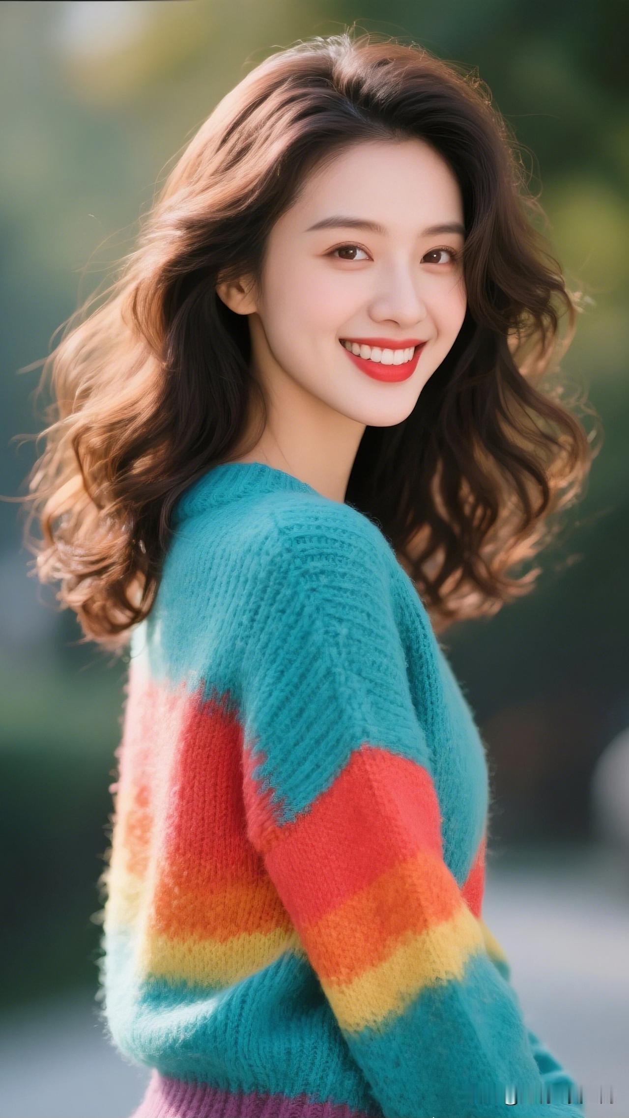 笑靥如花映彩虹，心旷神怡意自悠。你喜欢哪一种气质的美人? 元气少女，彩虹毛衣，微