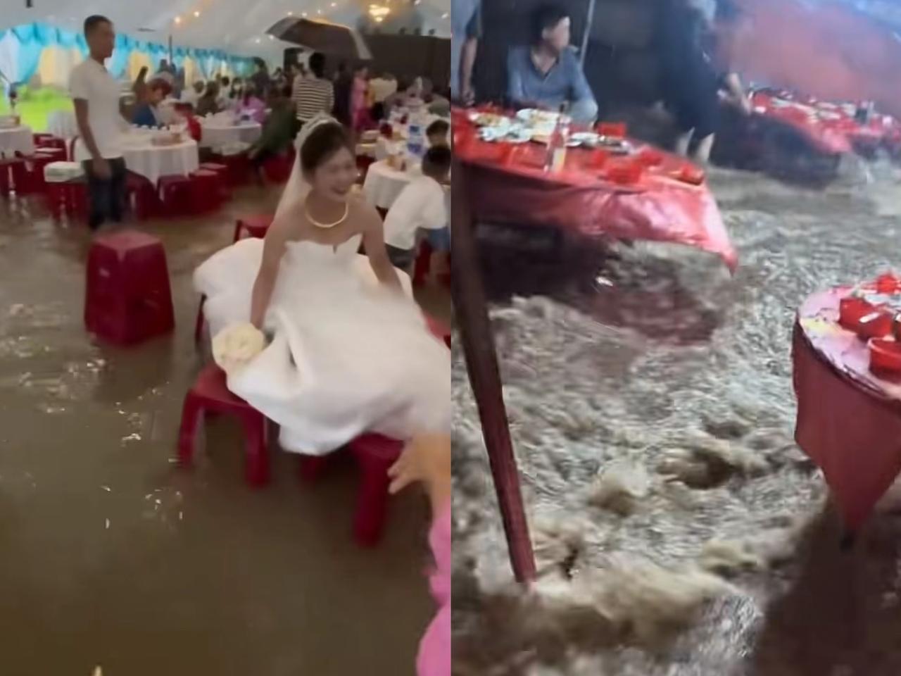 笑不活了家人们
大开眼界了
这就是传说中的流水席

洪水都快把席面冲跑了，这帮人