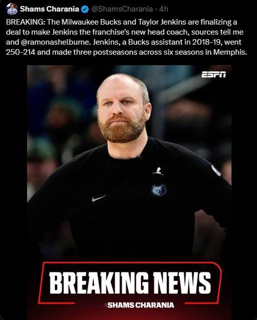 一觉醒来詹金斯成了雄鹿新主帅，早点确定是好事儿——看来还得是马刺系shams在报