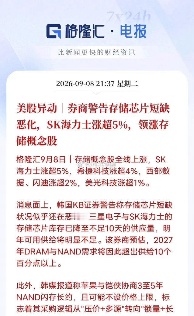 库存只剩不到10天！存储芯片要变天，苹果都开始慌着锁货了
 
美股存储板块集体爆