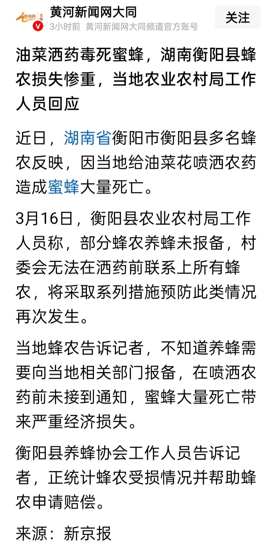 事发湖南衡阳，当地给油菜花喷药导致大量蜜蜂死亡，蜂农经济损失惨重 。但是，事情没