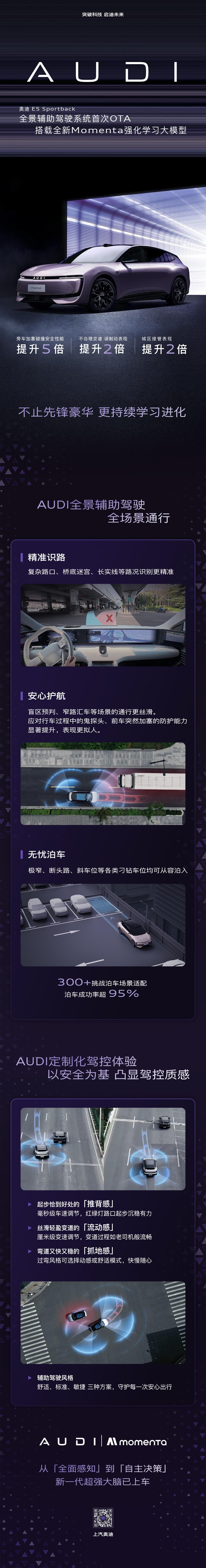奥迪 E5 Sportback 全系辅助驾驶系统首次 OTA
搭载全新 Mome