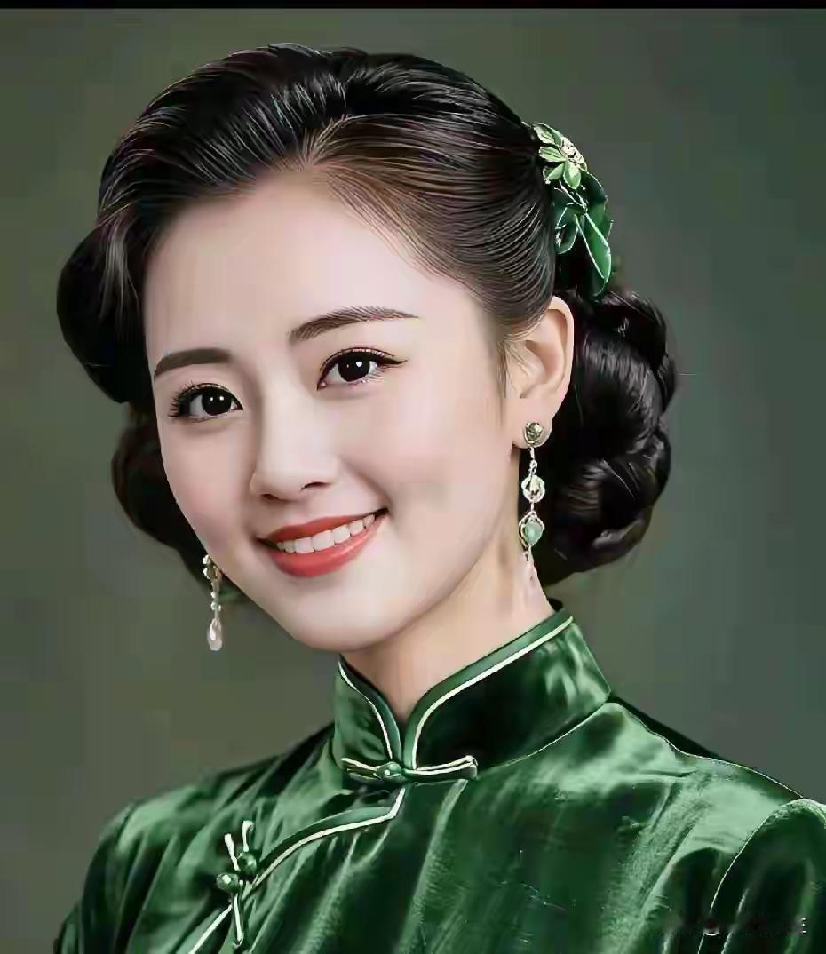优雅复古风，绿丝绒旗袍，复古发型，微笑迷人