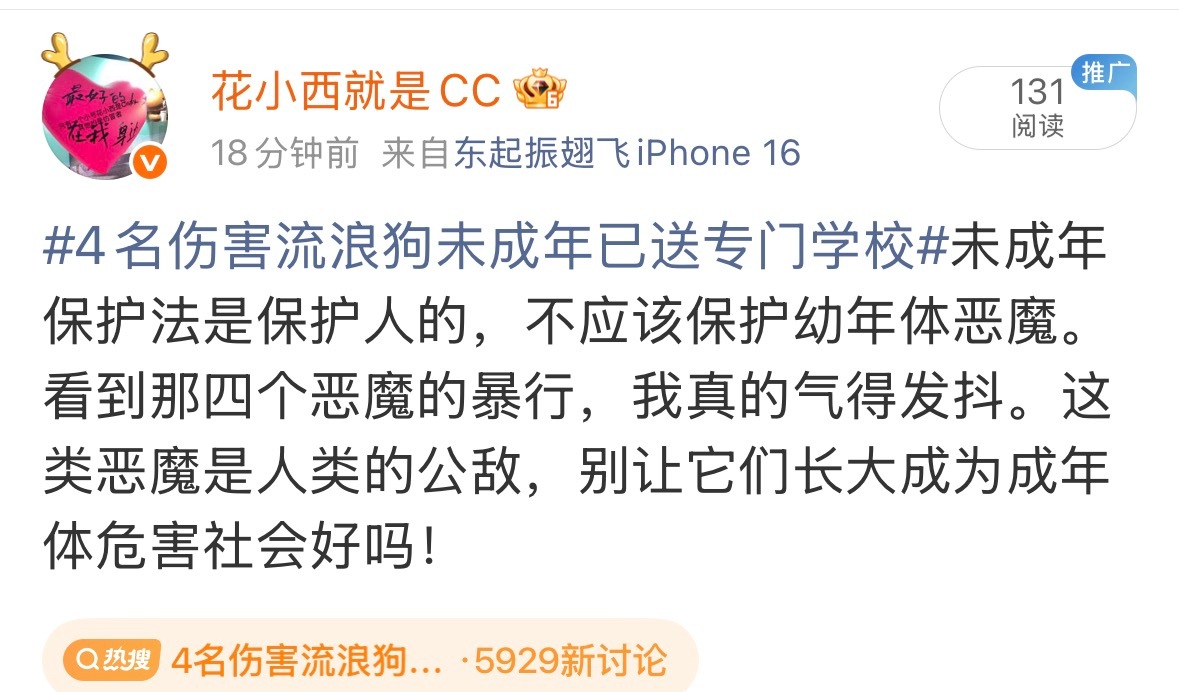 4名伤害流浪狗未成年已送专门学校➕啥？ 