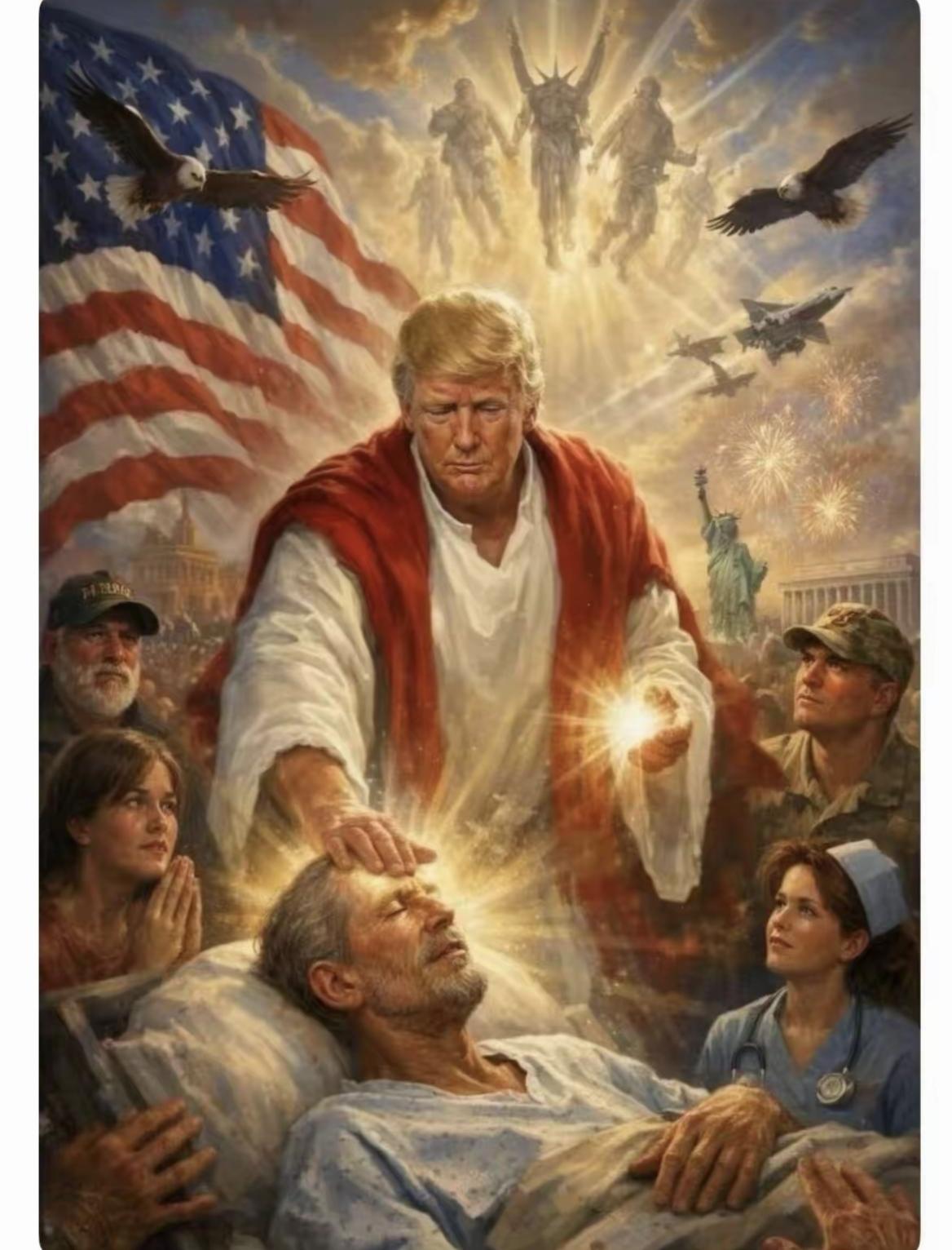 爱搞事的特朗普
[烟花]特朗普把自己P成耶稣的AI图，自封是“美国救世主”。
[