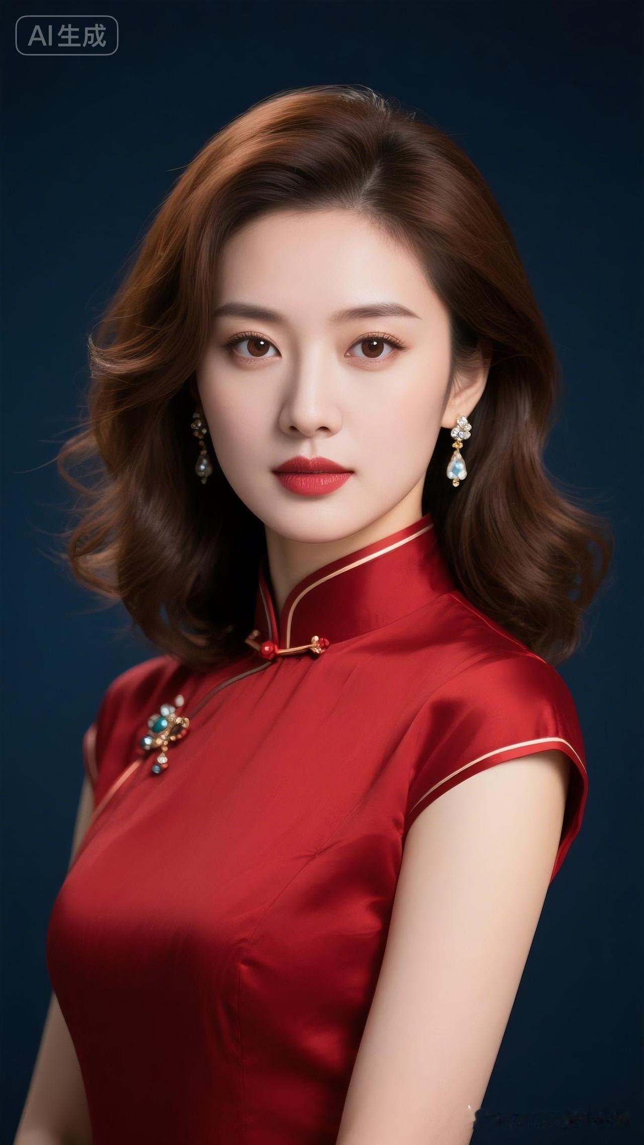 这位美女穿着红色旗袍，好漂亮！