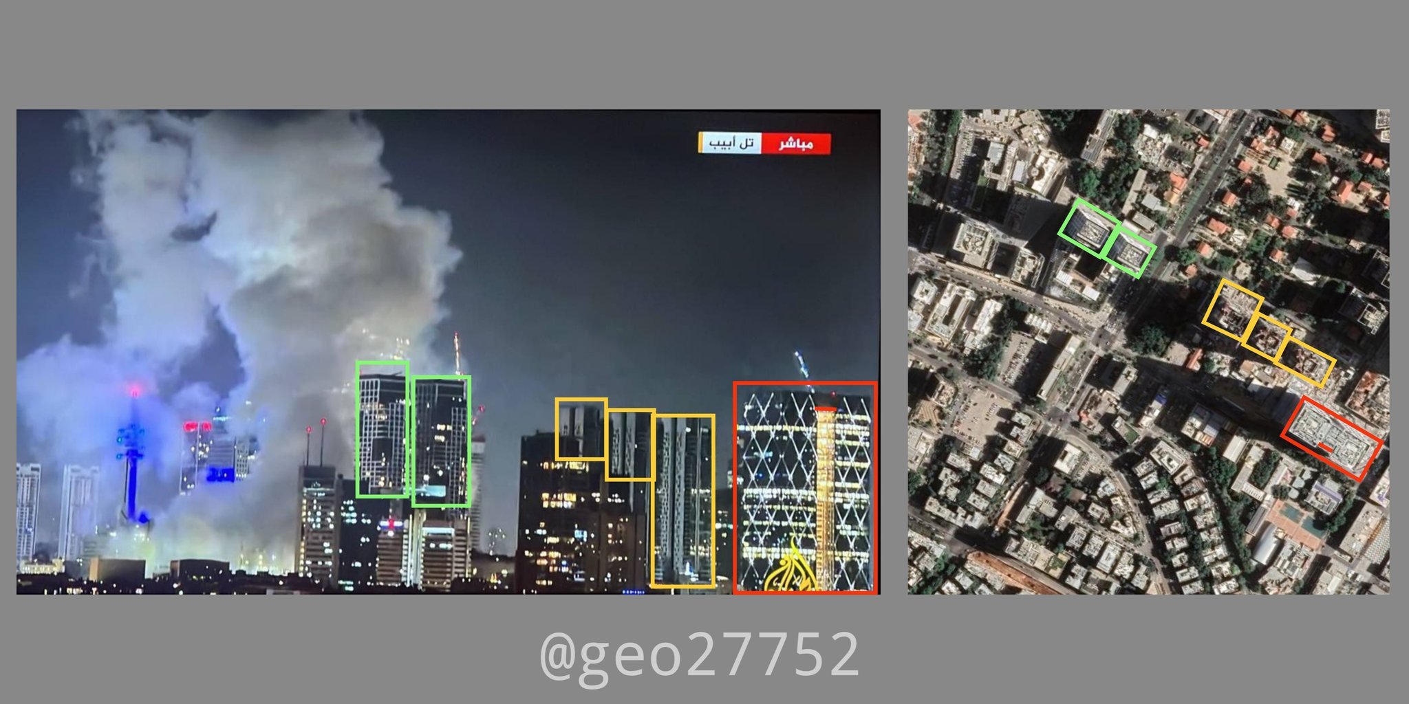 地理定位 特拉维夫的拉宾总参谋部营地升起浓烟，它被伊朗弹道导弹击中。这里是以色列