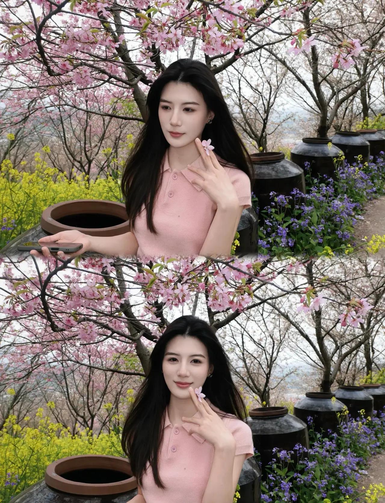 樱花树下，粉嫩少女，春日气息扑面而来