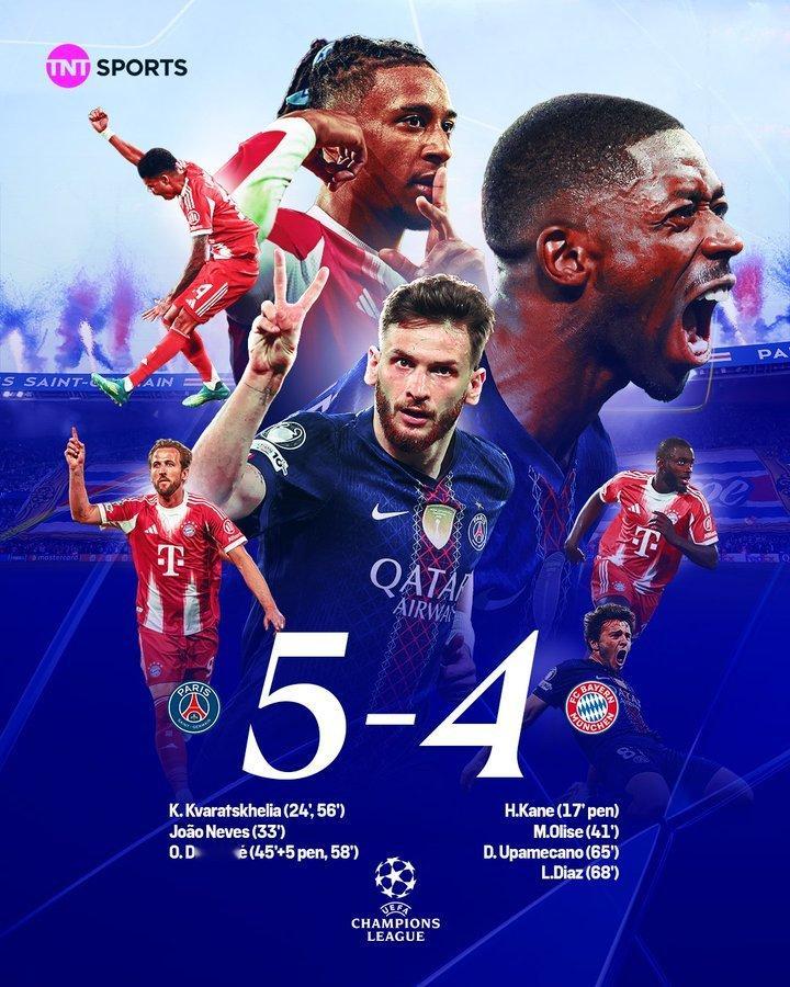 史诗级对攻！巴黎5-4拜仁，是欧战半决赛历史上首场两队均打进4+球的比赛 