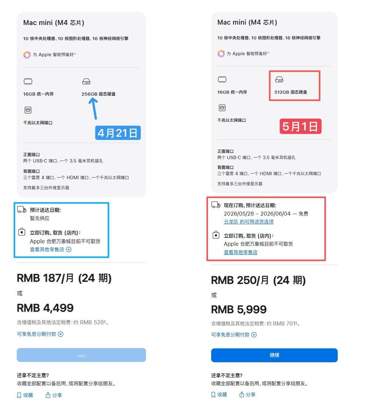 Mac Mini M4 16 +256G的入门版本 已在4月22日左右 在官网停