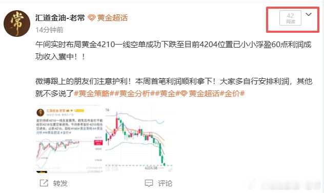 博文实时布局黄金4210一线空单成功下跌至最低4203位置已小小浮盈70余点利润