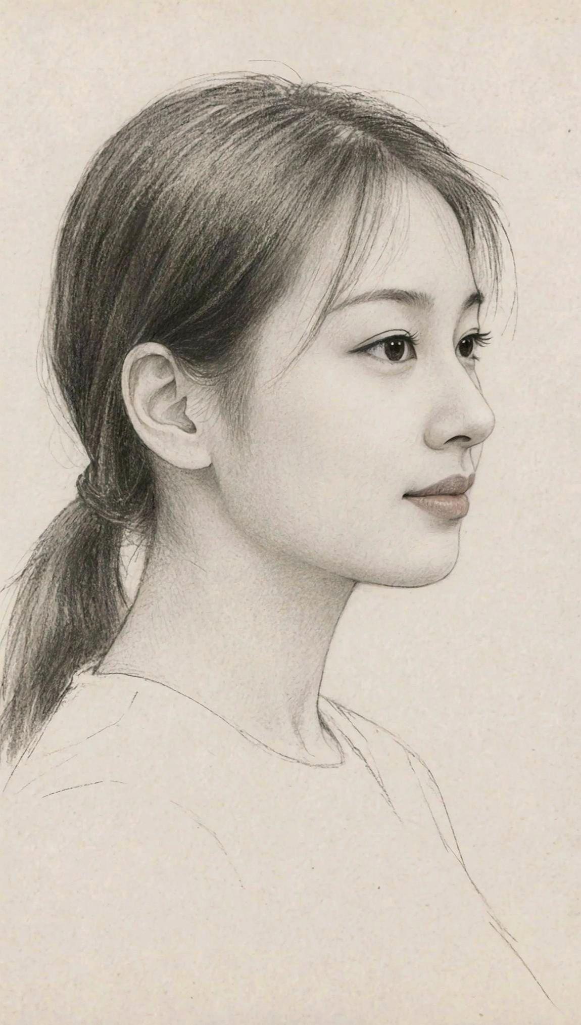 侧脸素描 手绘素描气质女孩 最美素颜