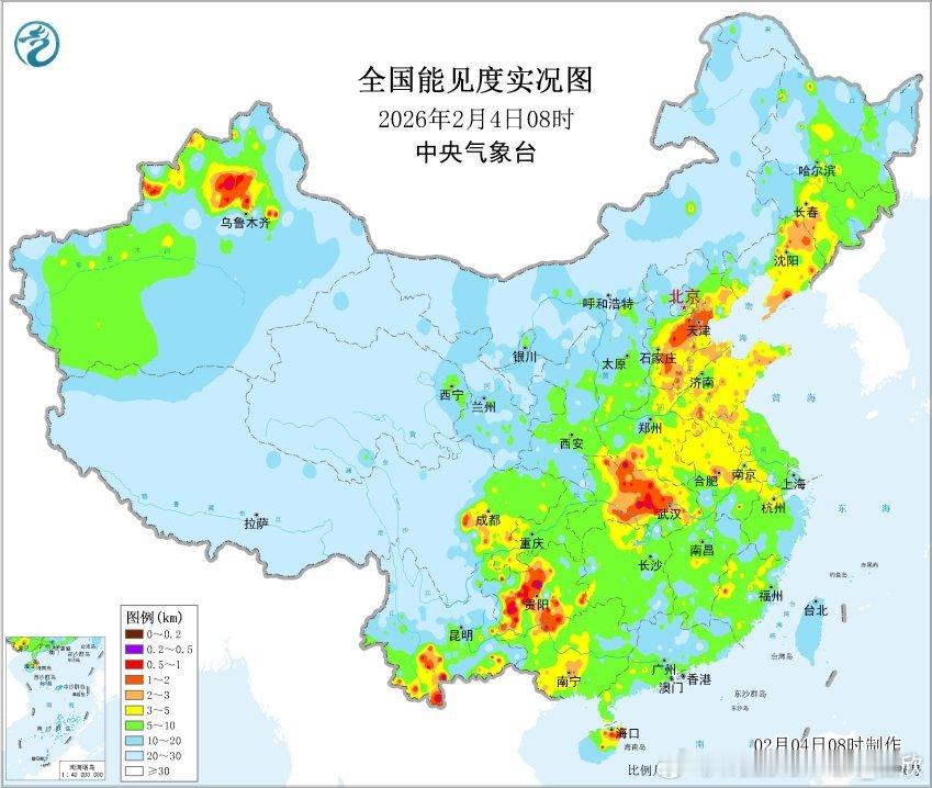 【雾和霾】今晨在河北、安徽、湖北、贵州、云南等地出现了大雾。8时能见度：安徽黄山