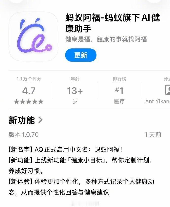 蚂蚁集团推出AI健康应用阿福【蚂蚁旗下AI健康助手AQ启用中文名“蚂蚁阿福”】近