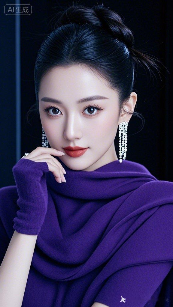 佳人高盘发衬得身姿高贵典雅，长款耳坠摇曳添韵，着高档紫色高领毛衫，搭大气围巾更显