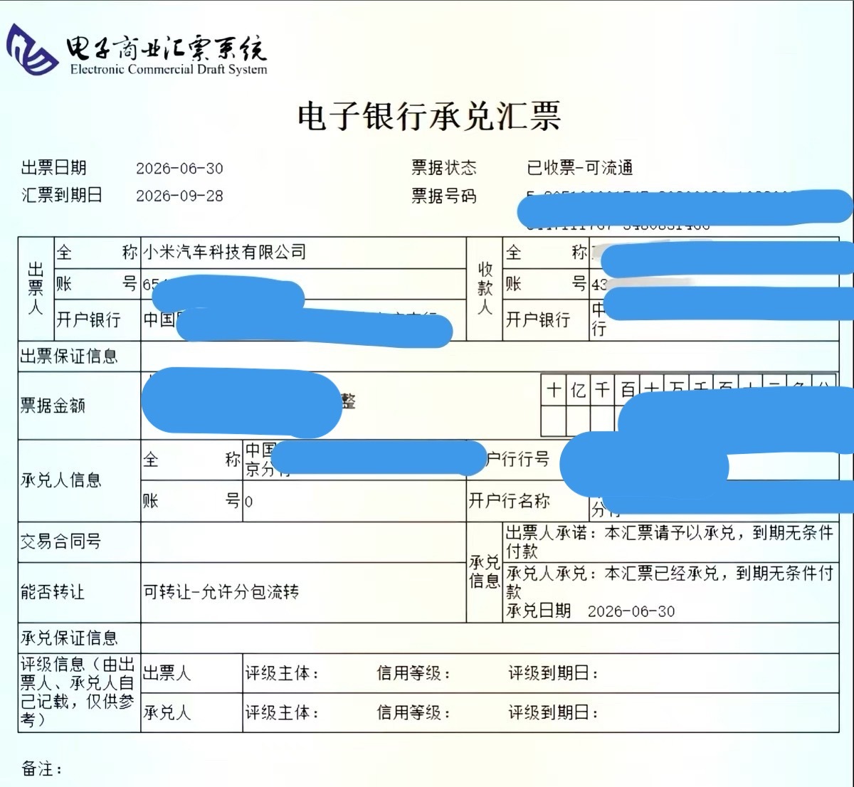 小米汽车付给供应商的承兑汇票。是银行承兑，而且兑付日期在3个月以内。而且小米汽车