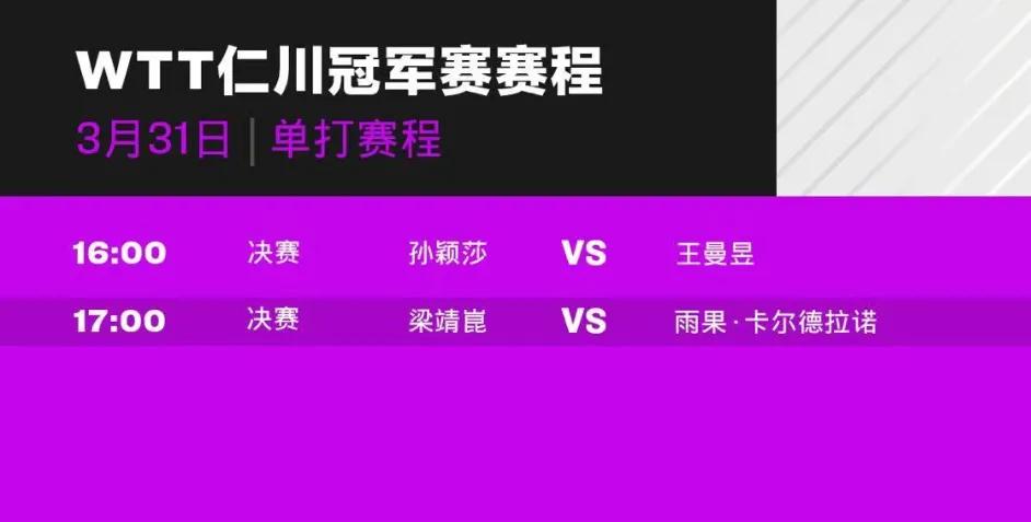 3月31日赛程：两场决赛！
#WTT仁川冠军赛2024# 已到了最后一个比赛日，