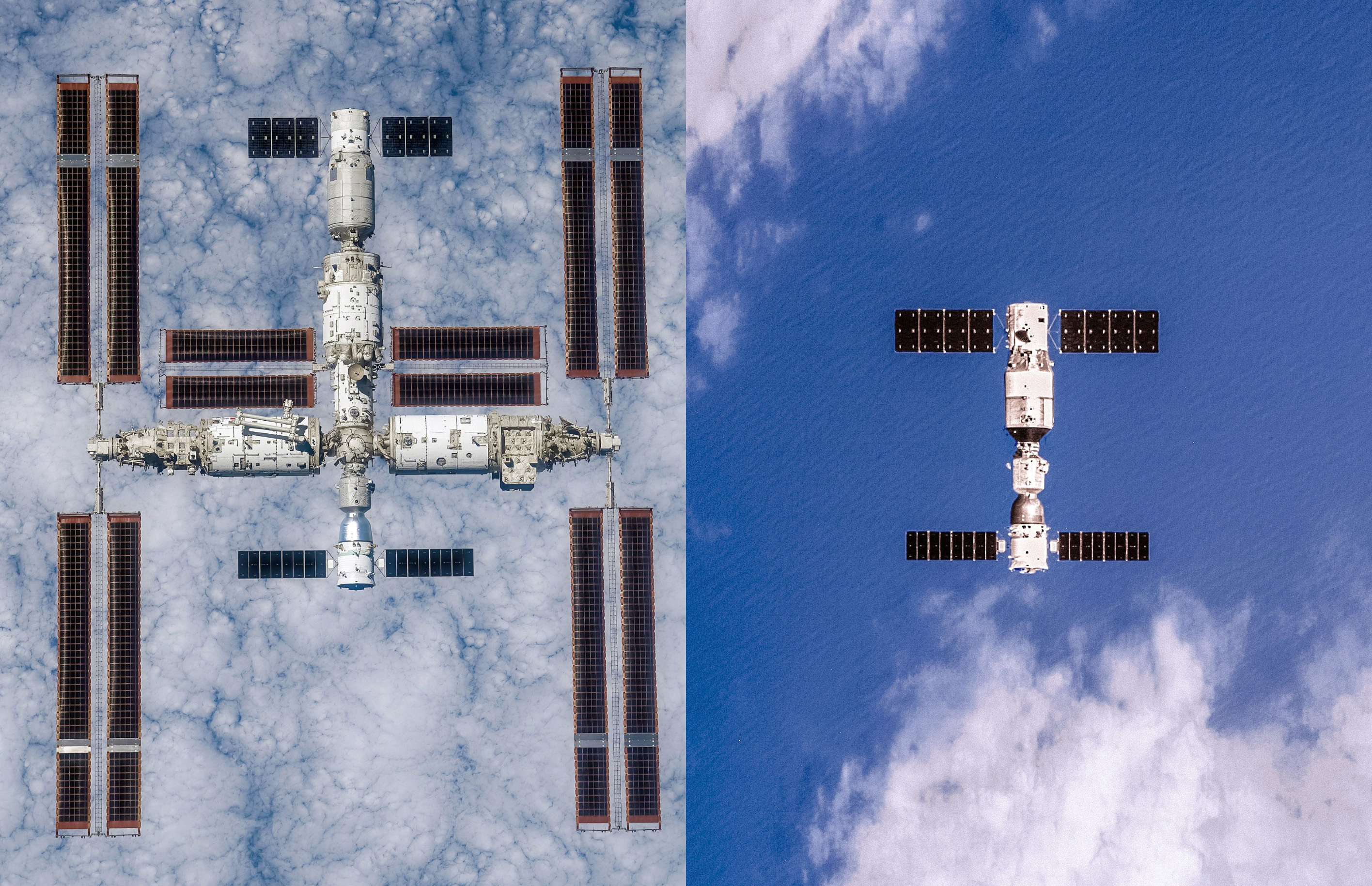 我国的两座空间站：中国空间站与天宫二号空间实验室的全貌照对比。相隔7年，组合体在