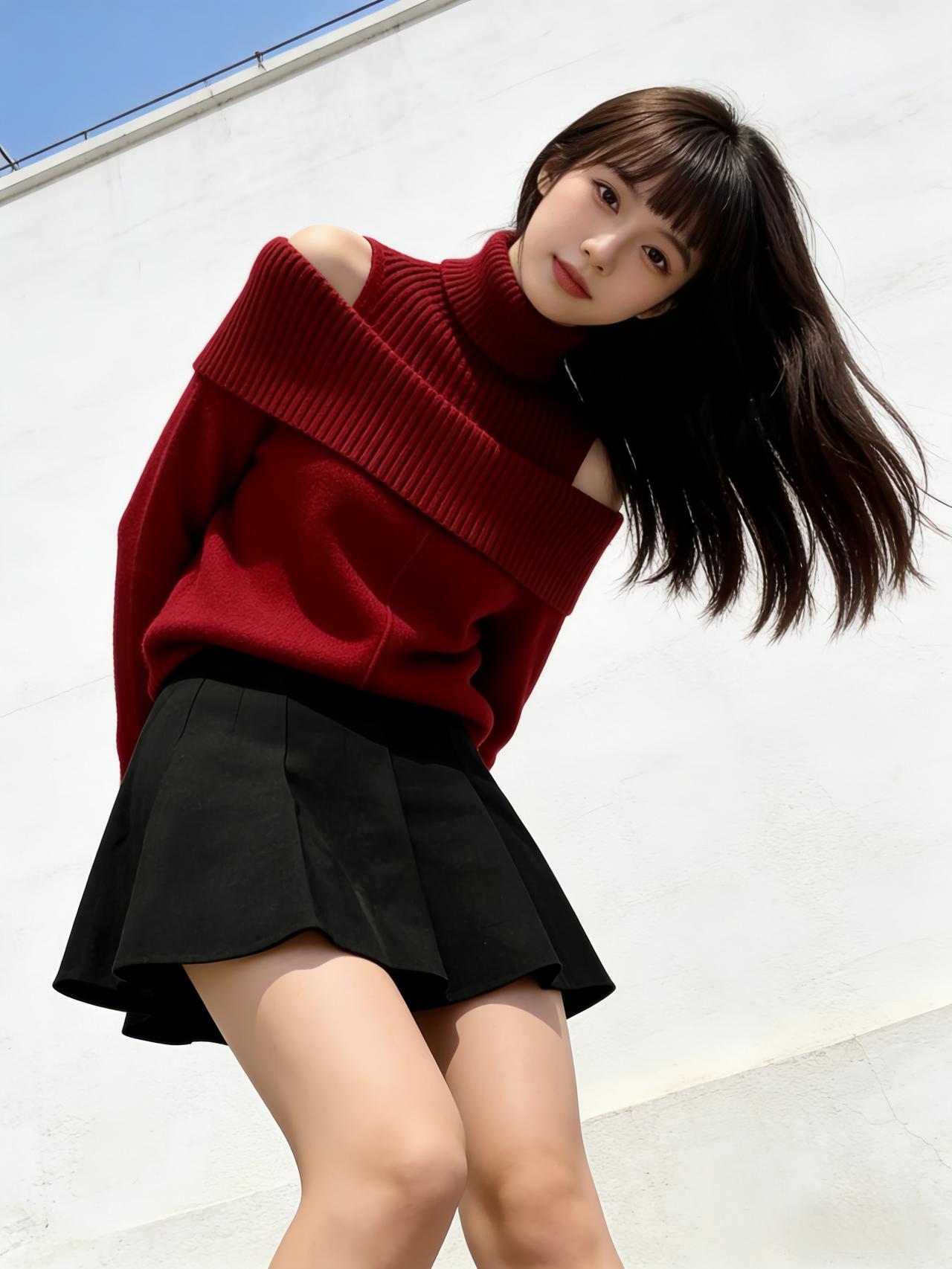 在那明媚的阳光下，一位红衣少女格外耀眼。她身着红衣，宛如一团燃烧的火焰，而那随风