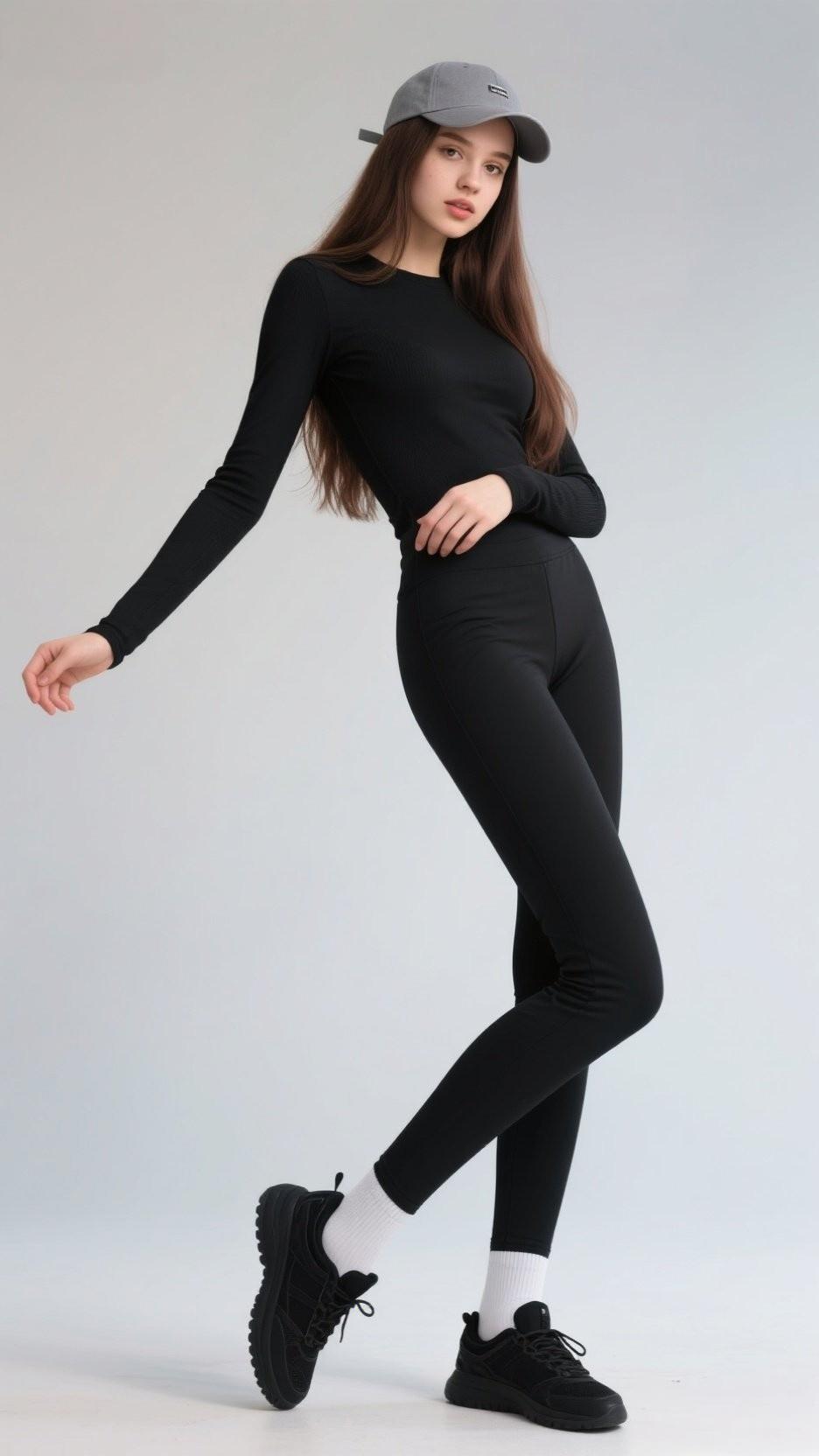 时尚运动风，黑衣黑裤配白袜，活力满满！