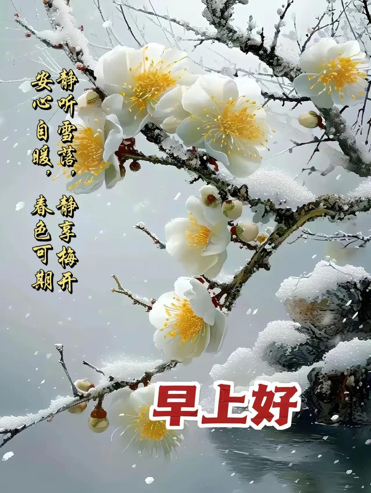 冬日清晨，白雪覆盖下的梅花静听雪落，春色可期。早上好！🌸❄️
