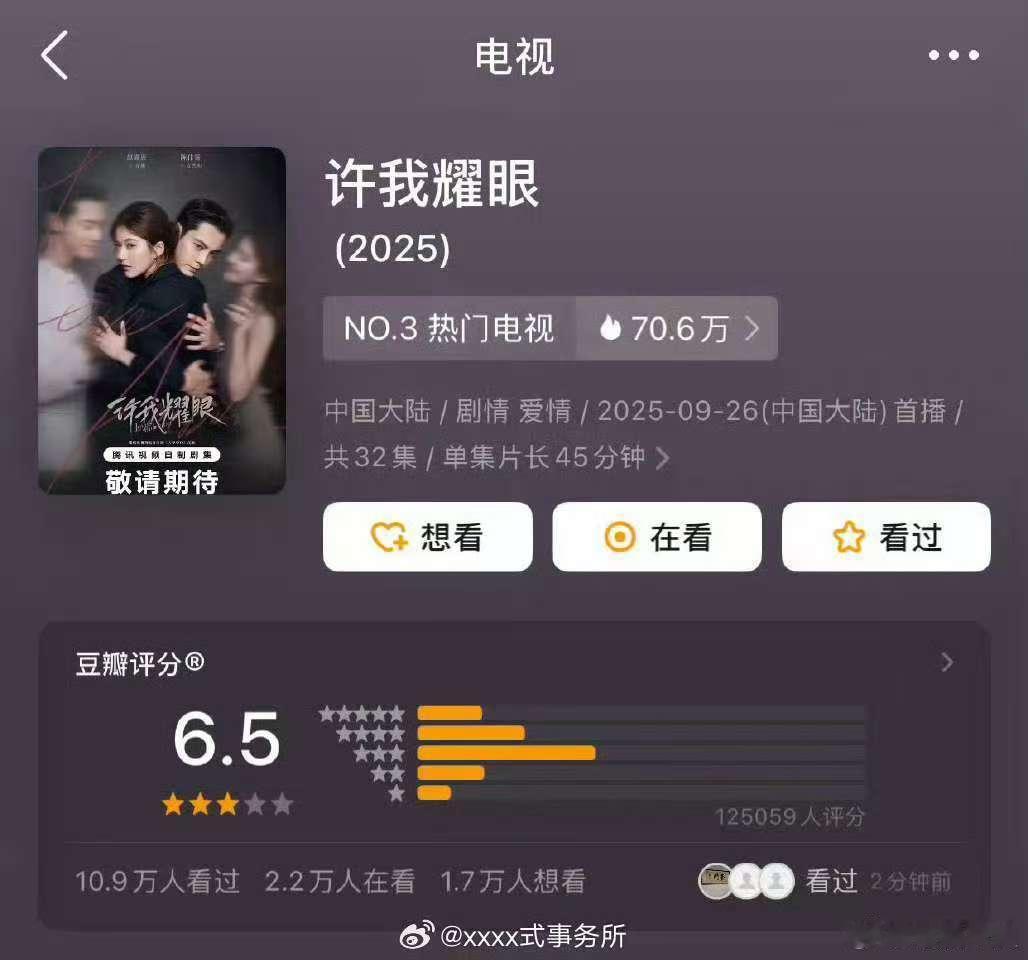 许我耀眼豆瓣打分人数超12万许我耀眼豆瓣超12万人打分许我耀眼豆瓣打分人数超12