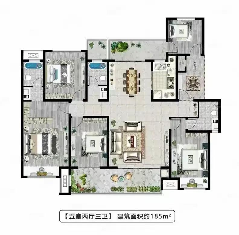 183.65㎡五室两厅三卫，是给多孩家庭、三代同堂最妥帖的答案。
 
户型方正通