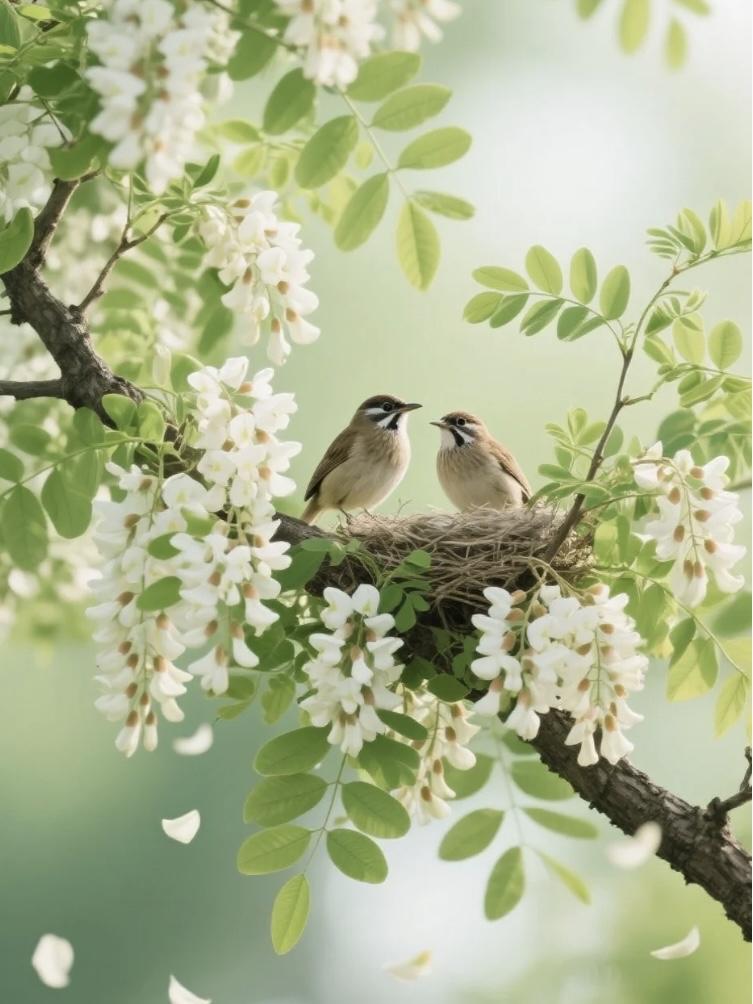 春日暖阳下，一对小鸟依偎在花枝间，幸福时光定格。🌸🐦💕鸟类亲密互动