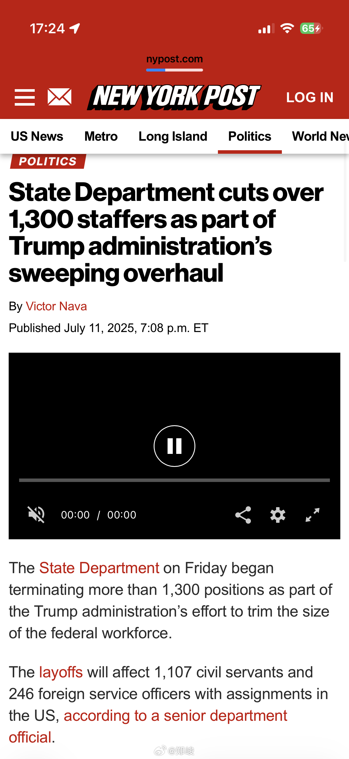 美国国务院今天早上宣布裁员1300人。部分被裁员工在国务院大楼外黯然泪下。美国国