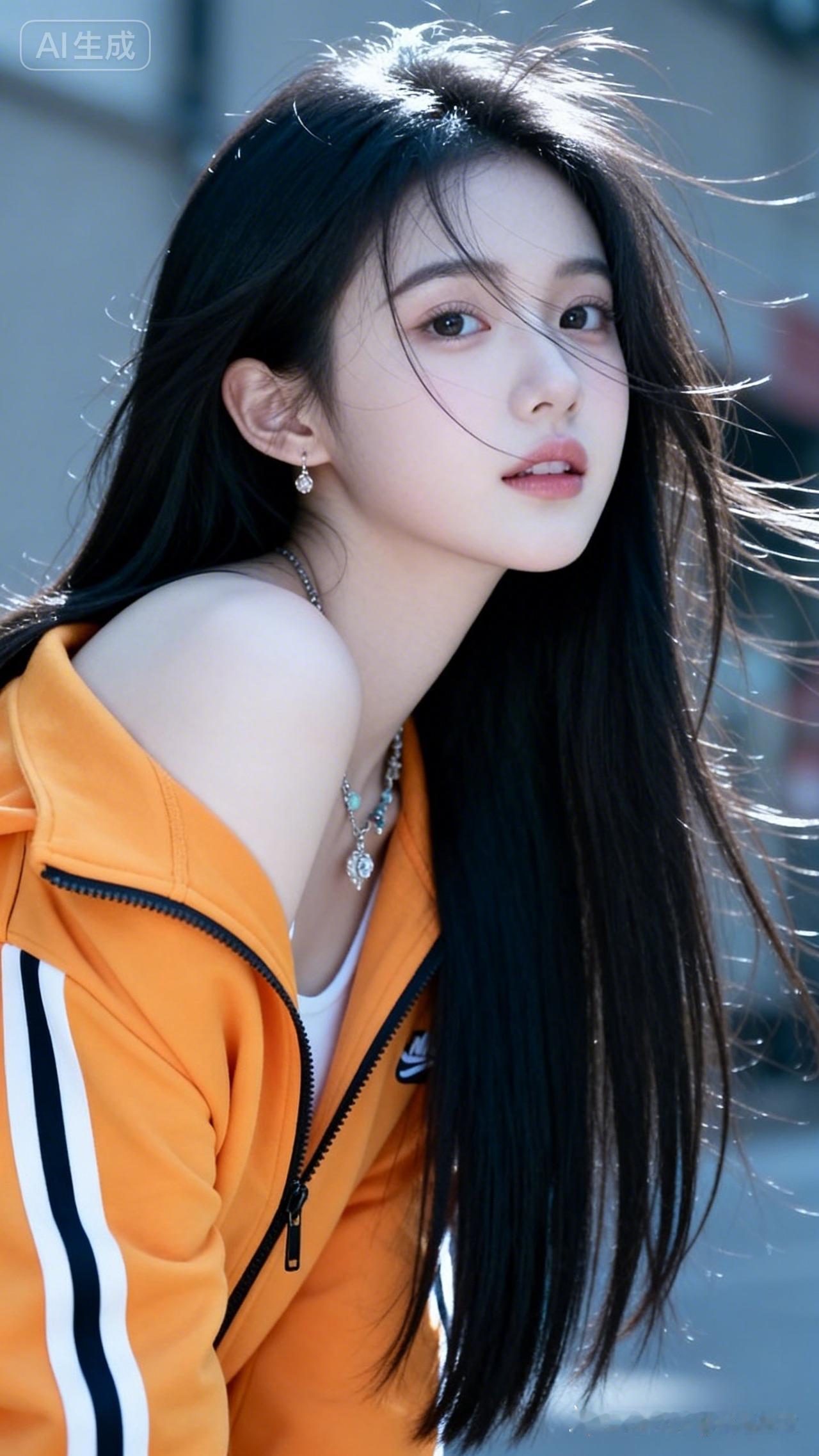 少女小玲黑长直蓬松垂落，橘黄运动外套潮流街头，侧光勾勒冷白瓷感肌，网感幼态妆，俏