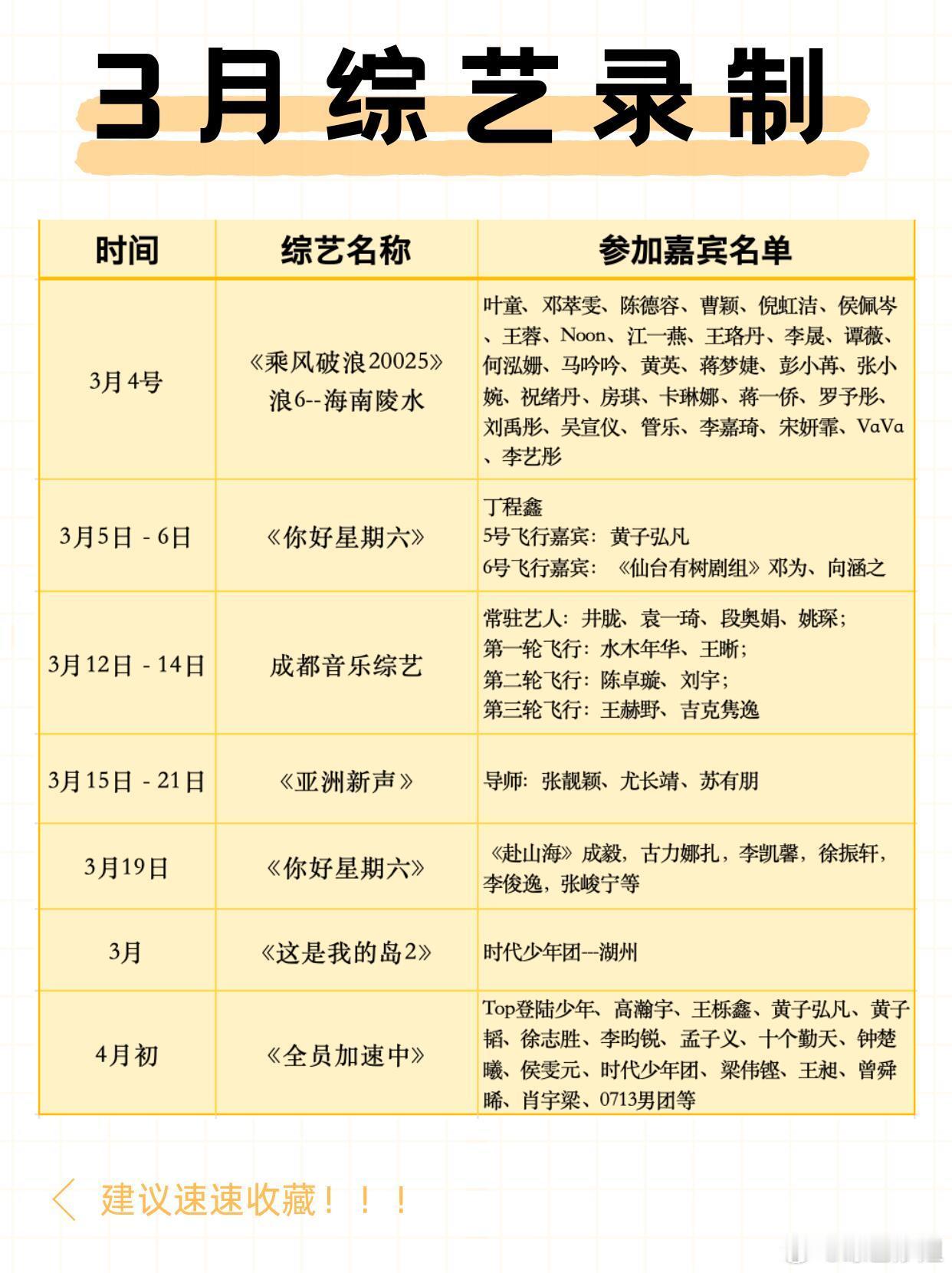 三月录制综艺汇总： 