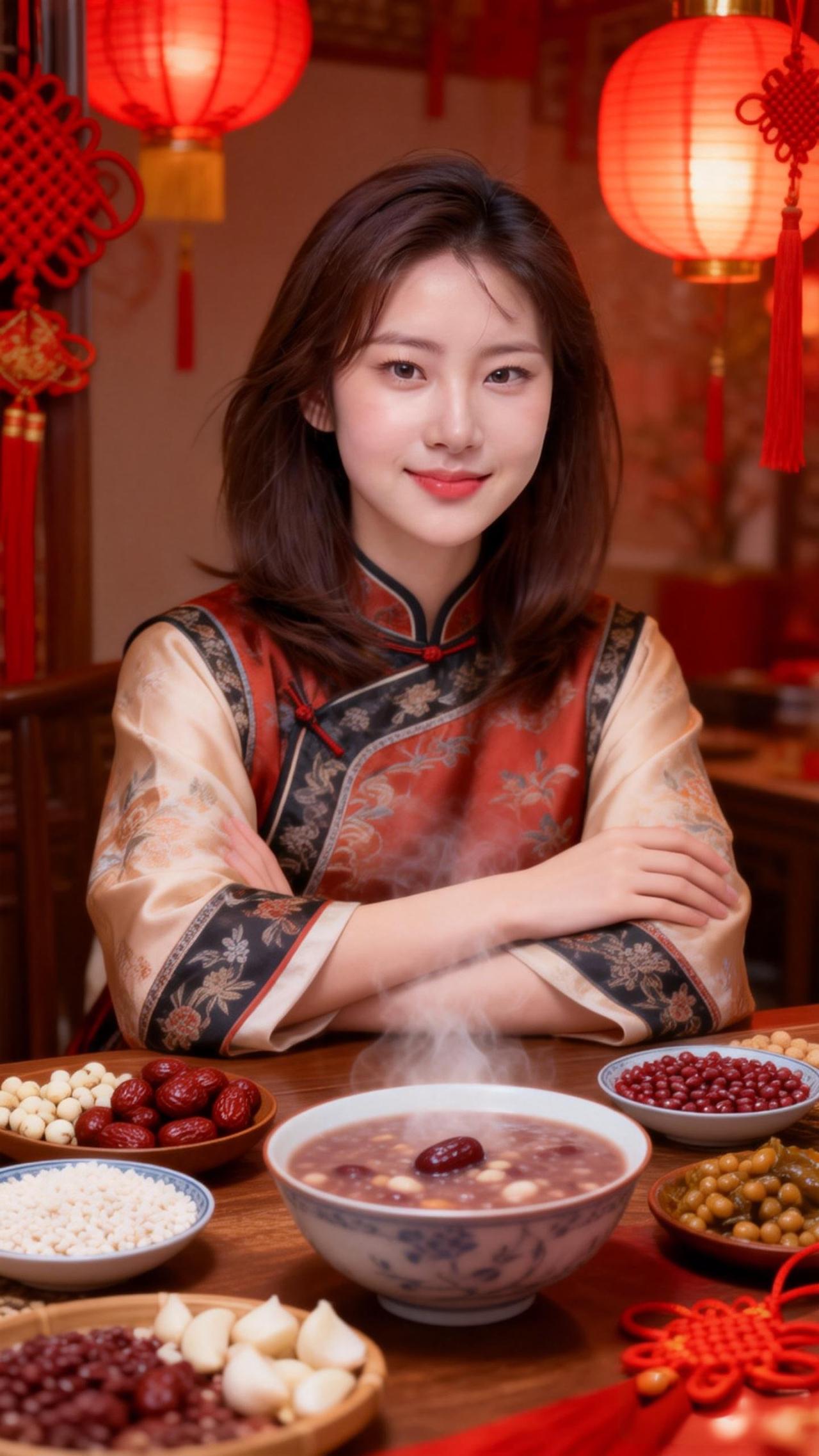 美女正在享受冒着热气的腊八粥。