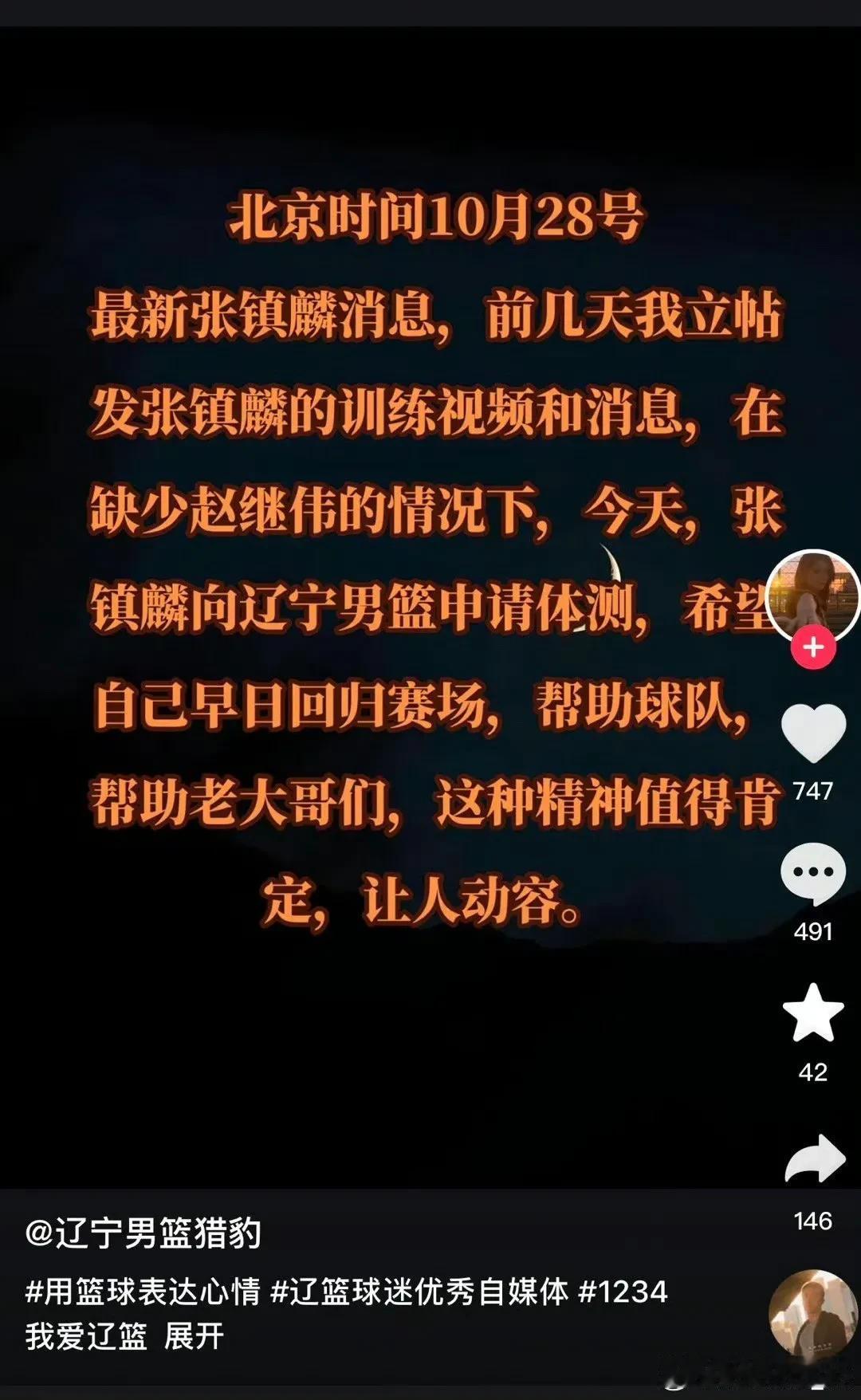 爆料张镇麟现已提交体测补测申请，即将在11月3号艾伦回归辽宁主场的比赛中复出#张